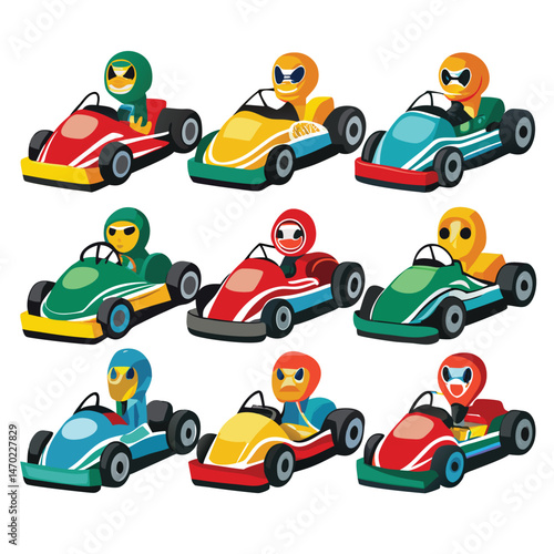 Nine classic Go-Kart arranged on a white background.