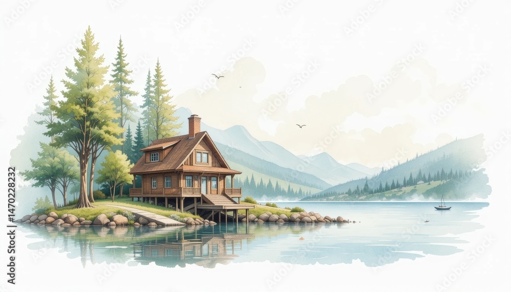 Obraz premium Tranquil lakeside retreat a charming cabin surrounded by nature serene landscape peaceful environment scenic viewpoint for relaxation and inspiration