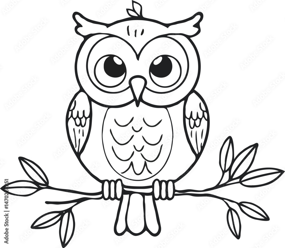 Naklejka premium Cute Outline Owl Perched On A Branch Illustration For Coloring Pages