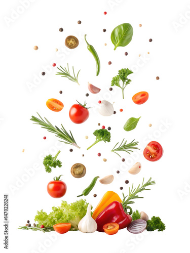 Vibrant vegetables herbs flying healthy food ingredients fresh produce cooking recipe levitating