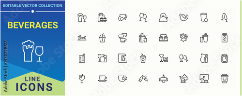 Beverages icon pack. Featuring beverage, drink, alcohol, restaurant, glass, tea and more. Drinks icon set. Outline icons in linear style. Editable vector. Pixel perfect.