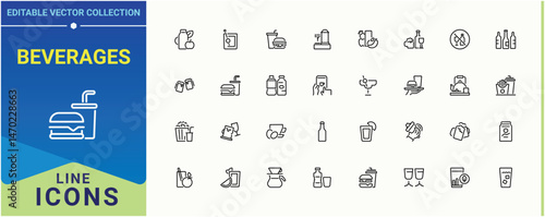Set of Beverages line icon. Contains such icons as restaurant, beer, alcohol, soft drink, tea, juice and more. Drinks icon set. Minimalist vector collections. Pixel perfect. Vector illustration.