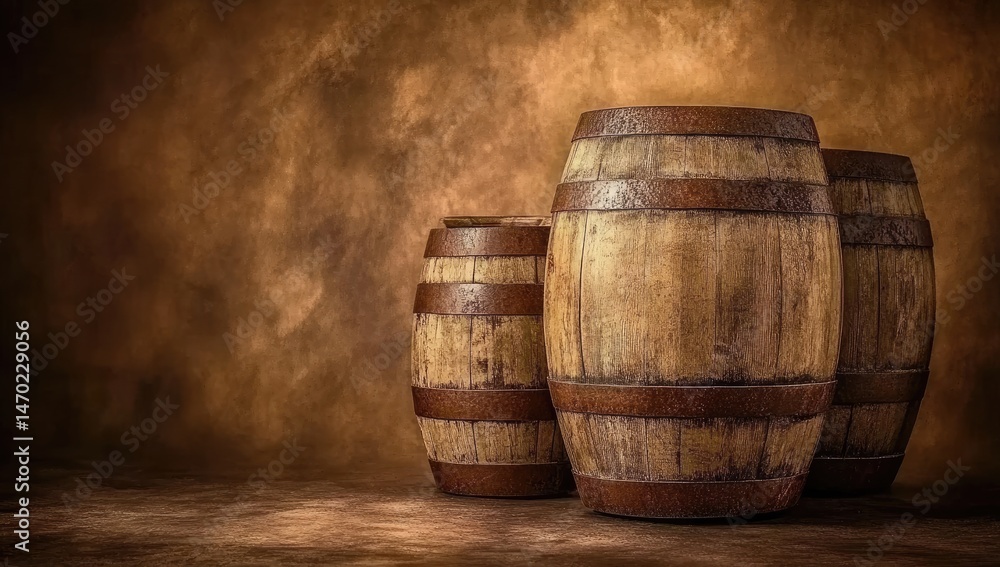 Aged wooden barrels on rustic backdrop (1) Aged wooden barrels on rustic backdrop (1)