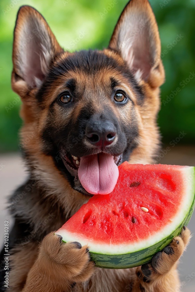 Happy dog enjoying a tasty watermelon slice in a sunny backyard setting with green grass and vibrant greenery