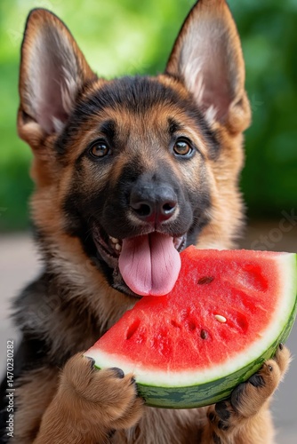 Obraz na płótnie Happy dog enjoying a tasty watermelon slice in a sunny backyard setting with green grass and vibrant greenery w salonie