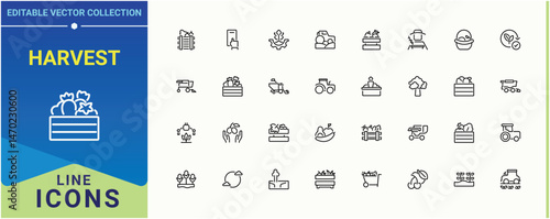 Harvest icon collection. Contain linear symbols land, farm, garden, farming and more. Agriculture icon set. Line icons with editable stroke. Pixel perfect. Editable vector.