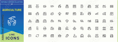 Set of Agriculture line icon. Includes thin line symbols harvest, farm, plant, land, garden and more. Minimal icons set. Farm icon set in linear style. Editable vector art.