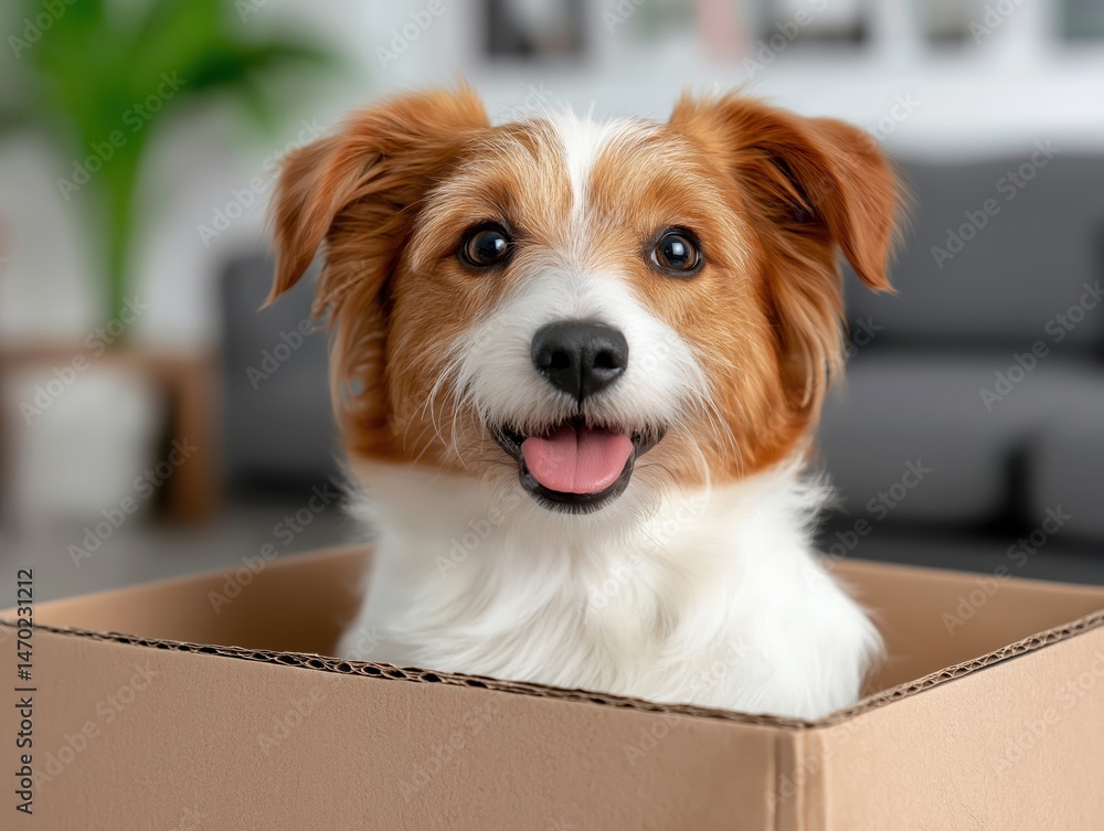 Happy dog ready for relocation sitting in a cardboard box surrounded by household items in living room