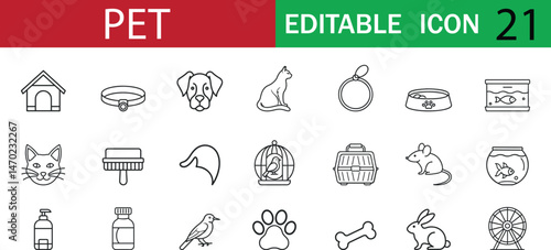 Pet Icon Set  21 Editable Vector Line Icons Featuring Dog, Cat, Rabbit, Bird, Fish, Bone, Paw, Cage, Collar, Food Bowl, House, Brush, Toy, and Medical Supplies.