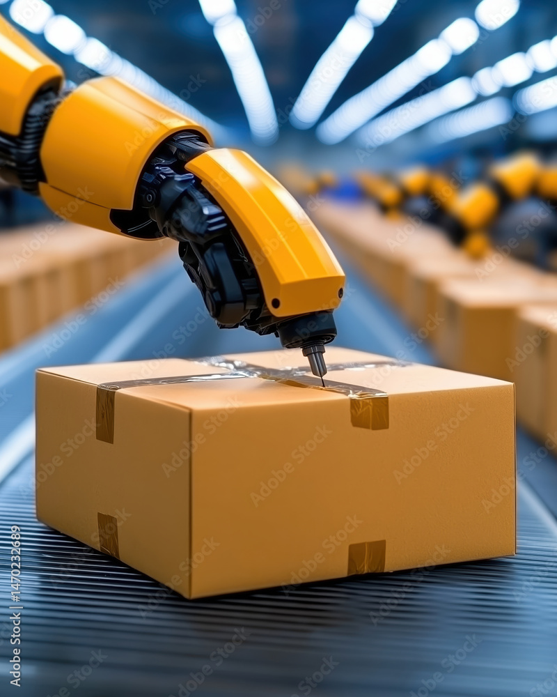 Automated industrial factory features robotic machines preparing packages for efficient storage and distribution