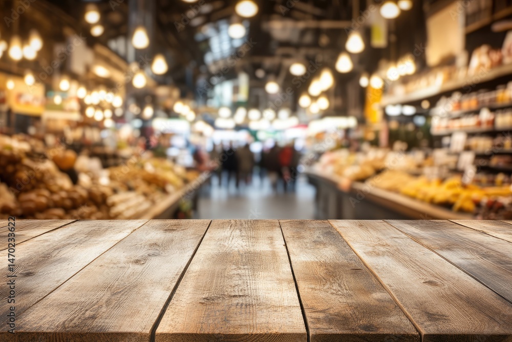 Wooden table in front of a busy market Wooden table in front of a busy market