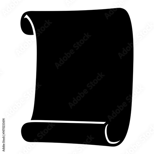 A stylized black scroll illustration with a blank area for content