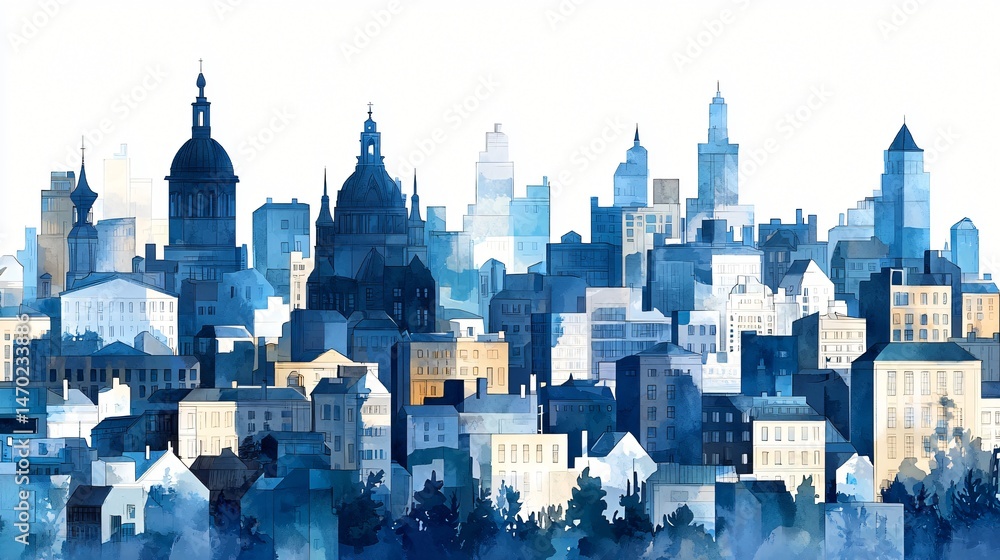 Obraz premium Urban city skyline in, softly blended buildings with faded edges, sky and foreground lightly washed to leave space, abstract and calm tones