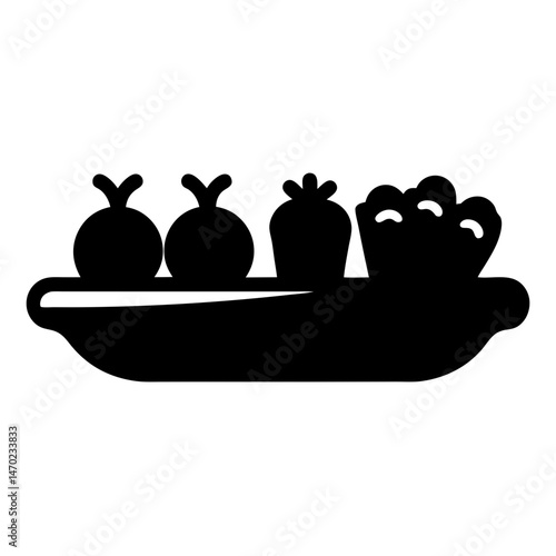 Silhouette of a tray or platter filled with various fruits and vegetables