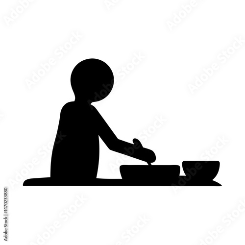 Silhouette illustration of a person stirring a bowl, preparing food with tools
