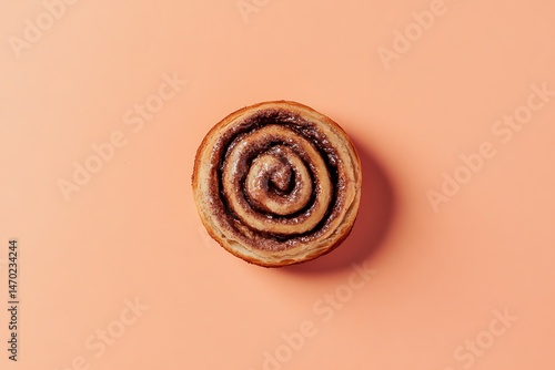 Cinnamon roll pastry on peach background