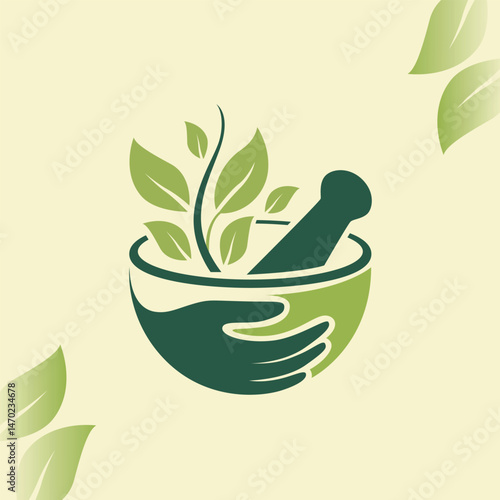 Ayurveda Organic Herbal Medicine Mortar and Pestle Vector Illustration 