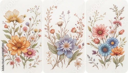 Elegant Floral Arrangements with Muted Pastel Tones for Artistic Botanical Design, Ideal for Decorative Projects
