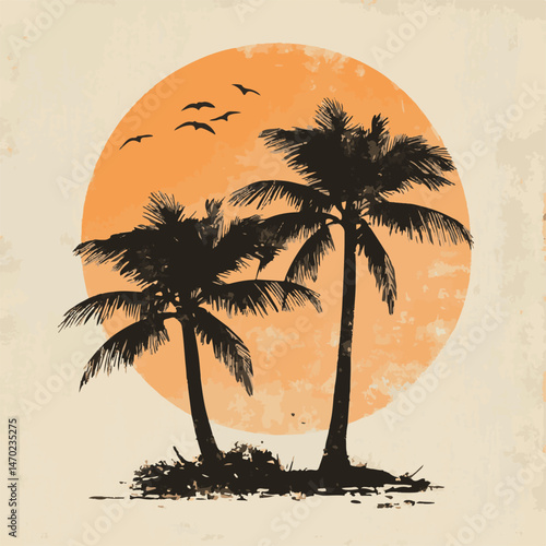Vintage Sunset Palm Trees With Birds Retro Tropical Illustration Grunge Background Vector