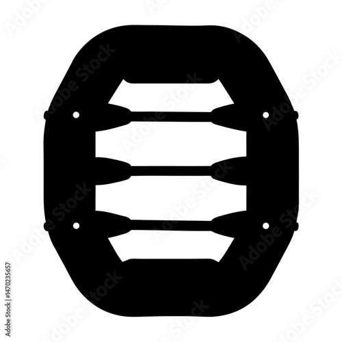Black and white image of an inflatable raft boat with oars inside