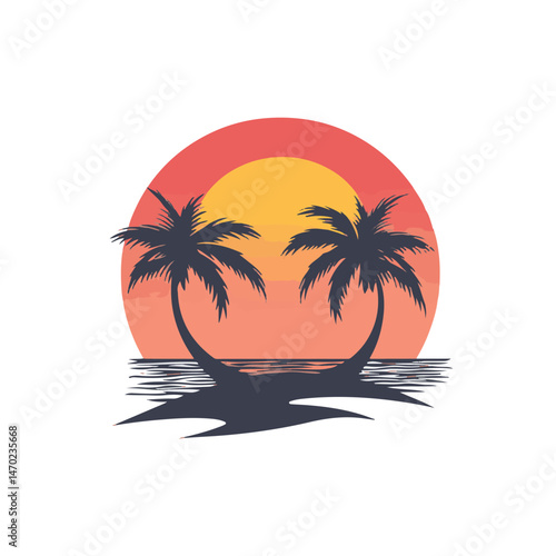 Tropical Beach Sunset Silhouette Of Palm Trees Over Ocean With Retro Color Palette For Summer Travel