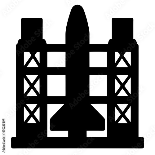 Stylized black and white image depicting a rocket on its launchpad