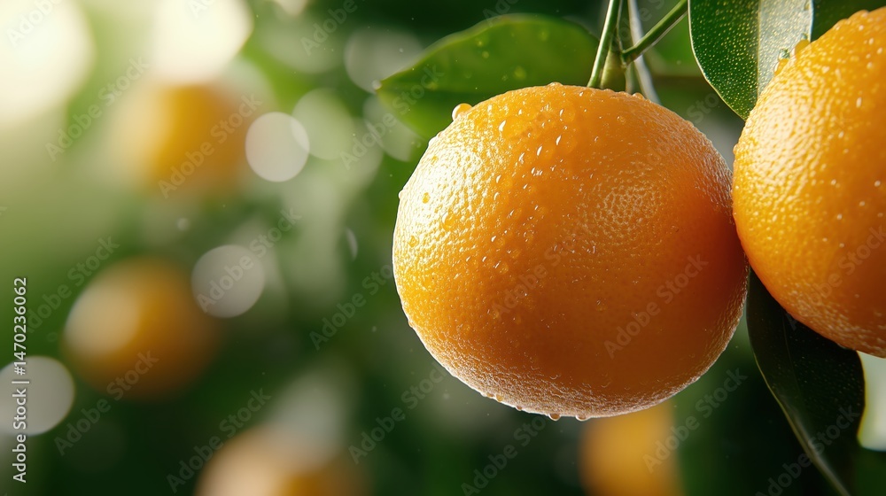 Ripe mandarins hang from a citrus tree in a sunlit organic garden full of vibrant greenery
