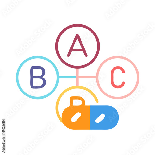 Vitamins A, B, C Pills Icon Representing Multivitamin Supplements and Nutritional Health