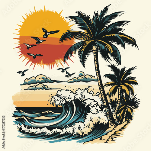 Vintage Beach Scene With Palm Trees,Waves,And Sunset Vector Illustration