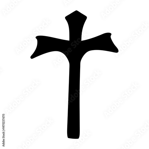 An abstract black cross symbol on a white background evokes spirituality