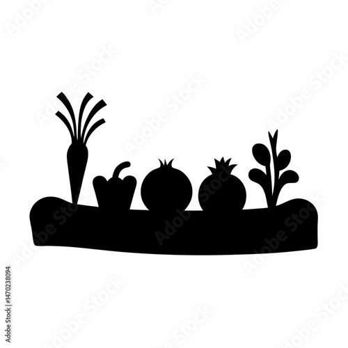 Silhouette of vegetables and fruits growing in a garden bed illustration