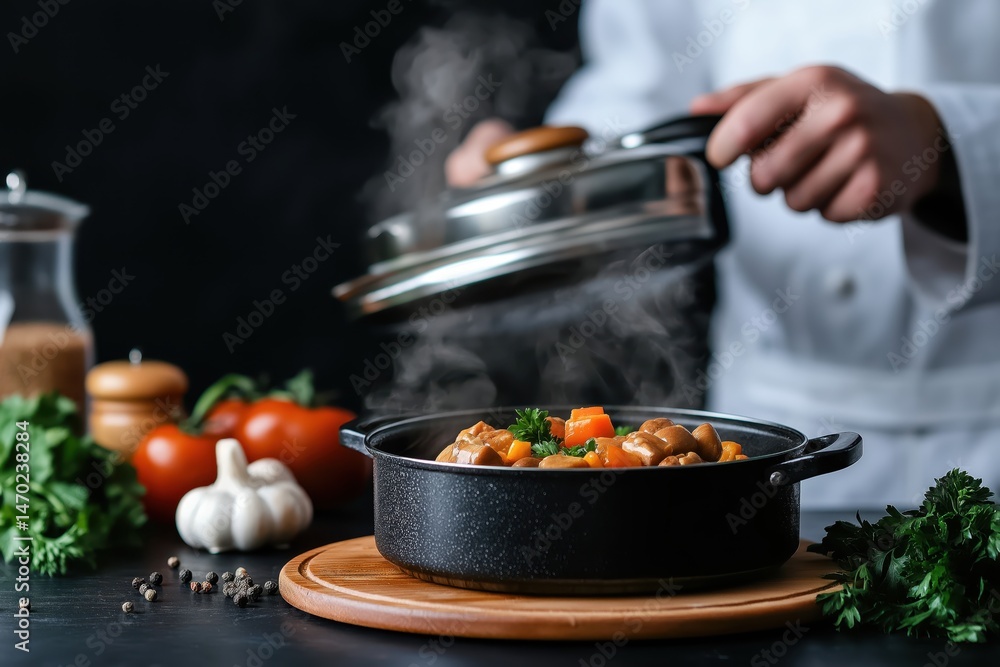 Warm and inviting kitchen preparing a hearty meal with fresh ingredients and cozy lighting in the evening
