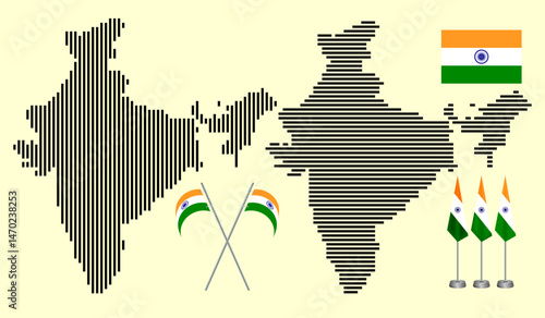 Realistic India line map design. Vector India dotted line map silhouette. India political line map with national borders. Realistic Indian boundary. States boundaries line map of India geography look