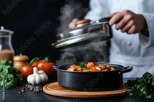 Obraz na płótnie Warm and inviting kitchen preparing a hearty meal with fresh ingredients and cozy lighting in the evening w salonie