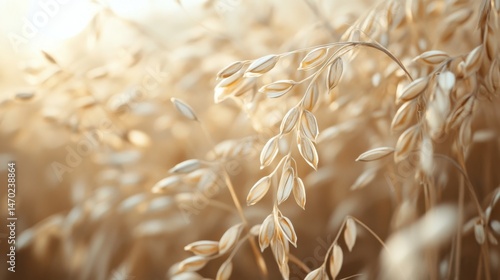 Golden oat grains in a field captured at golden hour with shallow depth of field
