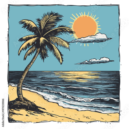 Retro Tropical Beach Illustration With Palm Tree Sun And Ocean Waves Graphic Summer Vacation Artwork