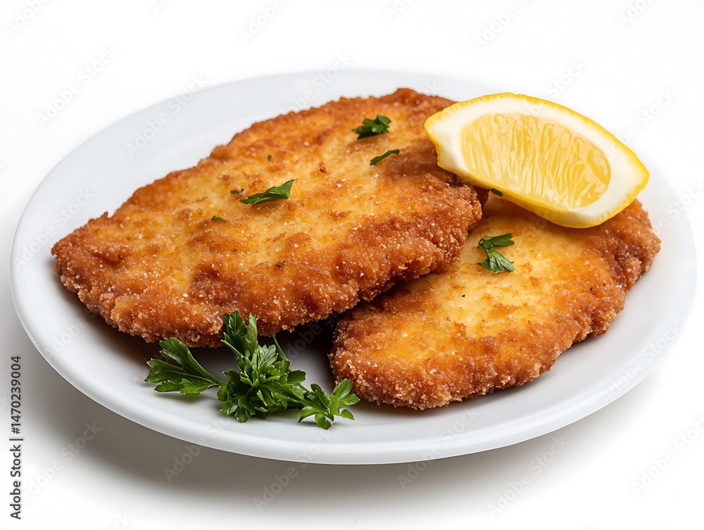 Breaded Fried Cutlet With Lemon Slice and Parsley Garnish on White Plate Breaded Fried Cutlet With Lemon Slice and Parsley Garnish on White Plate