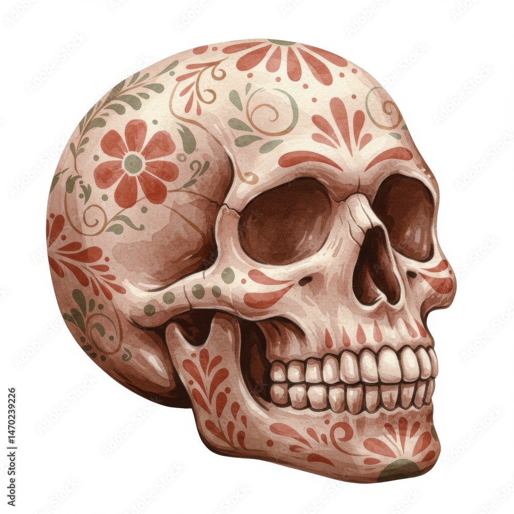 Obraz premium Ornate Sugar Skull with Red And Green Floral Design