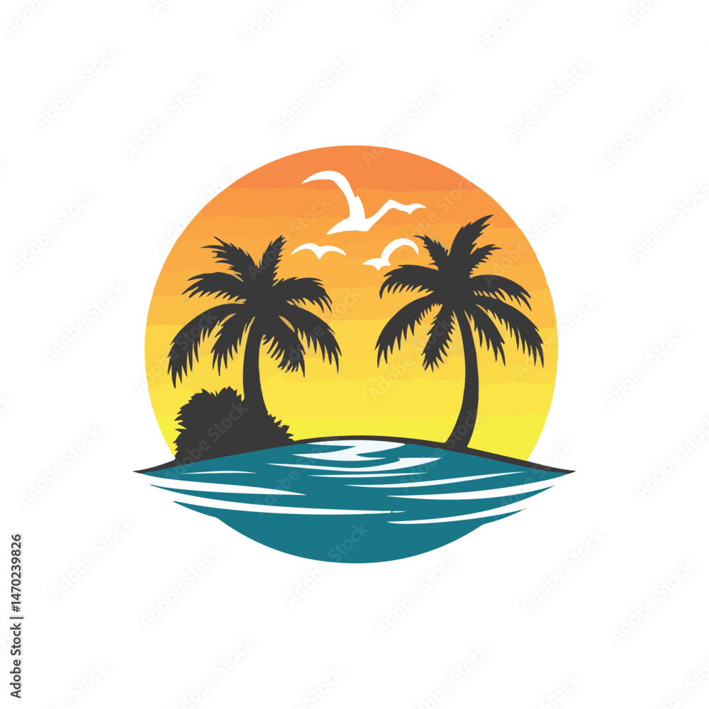 © PUSPO - Tropical Island Sunset With Palm Trees And Seagulls Vector Illustration Perfect For Summer Vacation Designs © PUSPO - Tropical Island Sunset With Palm Trees And Seagulls Vector Illustration Perfect For Summer Vacation Designs