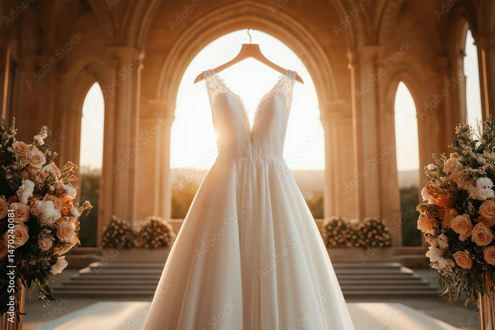 Luxurious wedding dress elegantly displayed by a grand window bathed in soft golden light