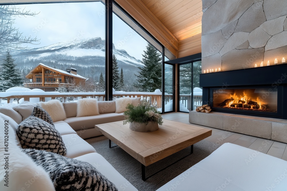 Cozy mountain retreat features roaring fireplace and stunning views of snowy peaks on a winter's day