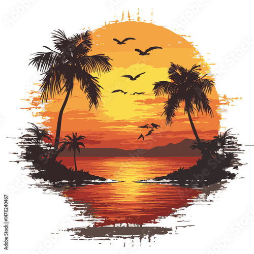 Tropical Paradise Sunset Silhouette Palm Trees And Birds Vector Illustration Beautiful Ocean View Artistic Grunge Texture