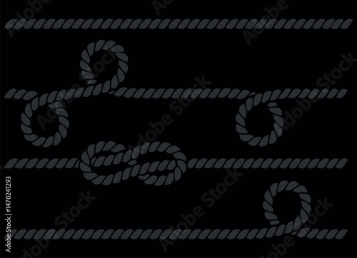 Black background and grey rope, vector drawing. Sea rope, climbing rope.