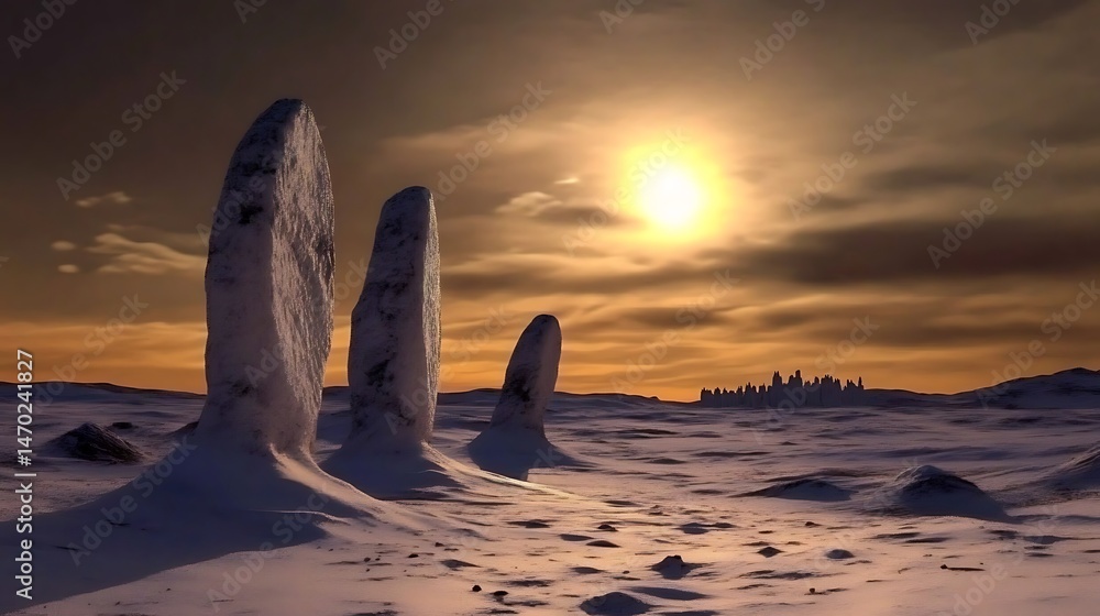 Fototapeta premium Snowy landscape with standing stones under a glowing sky