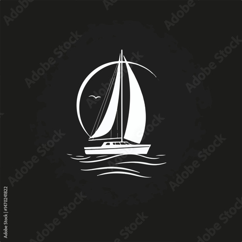 Minimalist Sailboat Illustration White On Black Water Graphic Nautical Design Maritime Vessel