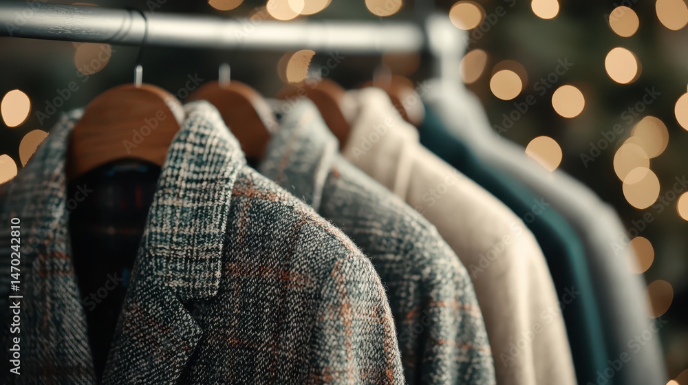 Fototapeta premium Several coats on wooden hangers are displayed on a rack, with warm bokeh lights in the background, creating a cozy atmosphere.