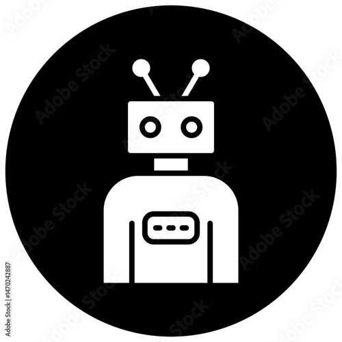 Robot Black Circle Icon, Robot Icon – AI Bot, Android, Technology Robot Line & Flat Vector
