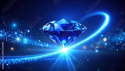 Sparkling Blue Diamond Gemstone with Glowing Light Trails Background A perfect image for luxury and success themes