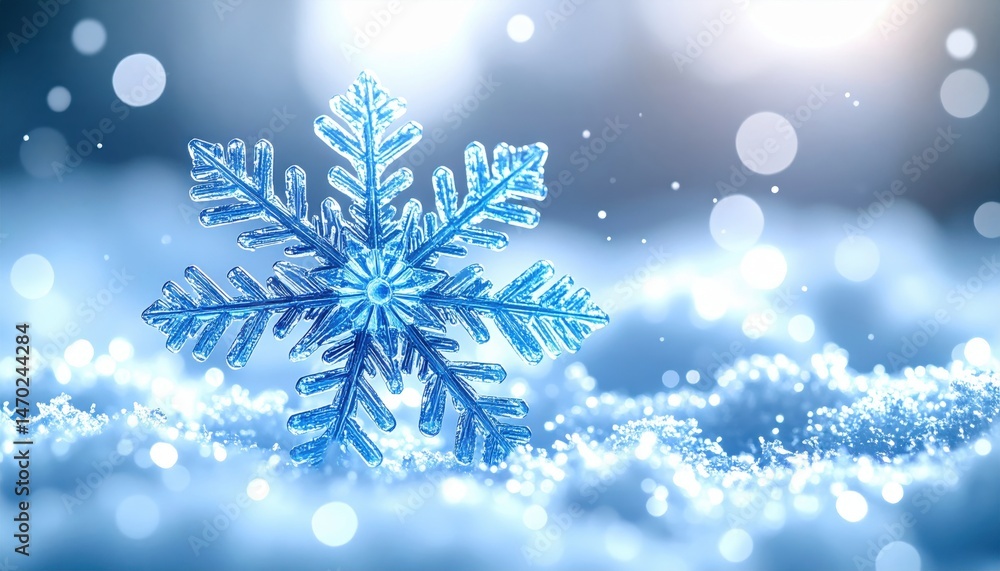Naklejka premium A Stunning Blue Snowflake in Winter Wonderland Setting Perfect for Holiday Cards and Winter Designs