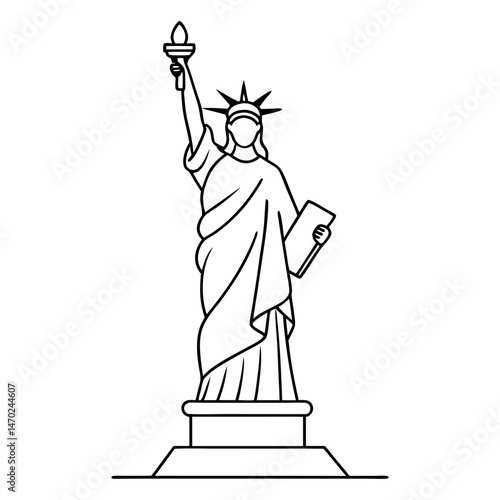 One continuous single line drawing of liberty statue line art vector on white background.